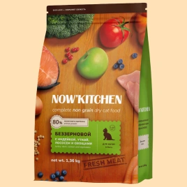 Сухой корм NOW'KITCHEN Fresh Kitten для котят со свежей индейкой, уткой, лососем и овощами, 1.36 кг