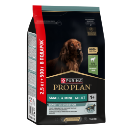 Сухой корм Purina Pro Plan Adult Small & Mini Sensitive Digestion для собак мелких пород, ягнёнок и рис, 2.5 кг + 500 г