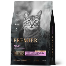 Сухой корм Premier со вкусом лосося и индейки для взрослых кошек, 8 кг