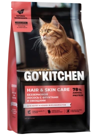 Сухой корм Go'Kitchen для котят и кошек всех возрастов Hair & Skin Care, со свежим лососем, фруктами и овощами, 400 г