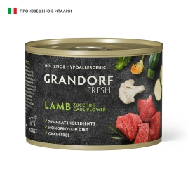 Влажный корм консервы Grandorf Fresh для собак паштет из ягненка с цуккини и цветной капустой 200 г