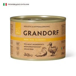 Влажный корм паштет Grandorf, паштет из утки с грушей и черникой для собак, 200 г