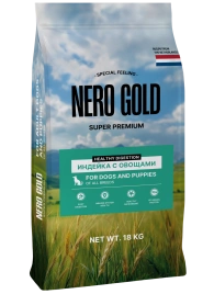 Сухой корм NERO GOLD для собак и щенков с мясом индейки и овощами, 18 кг