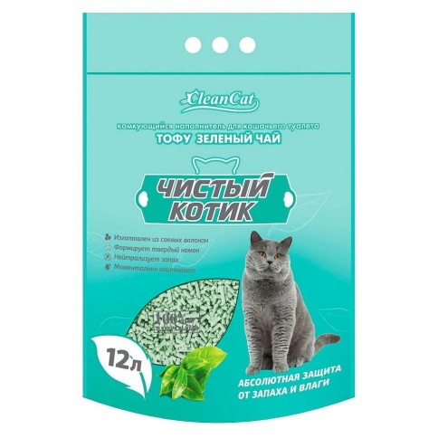 Комкующийся наполнитель Чистый Котик Тофу с ароматом зеленого чая, 12 л фото 1