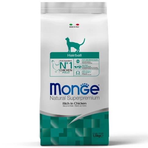 Сухой корм Monge Natural Hairball с курицей для кошек для выведения шерсти, 1.5 кг фото 1