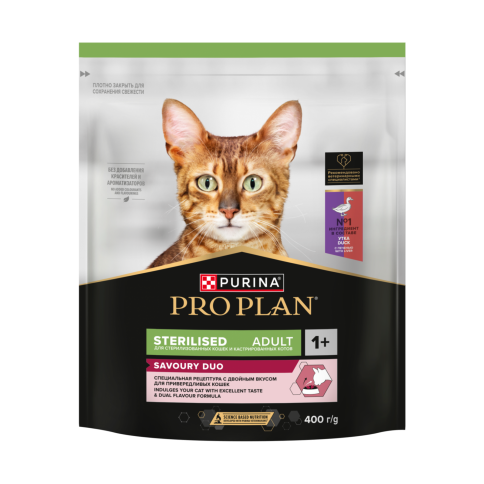 Сухой корм Purina Pro Plan Adult Sterilised для стерилизованных кошек, утка и печень, 400 г фото 1