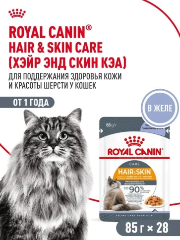 Влажный корм Royal Canin Hair & Skin Care в желе для взрослых кошек, для здоровья кожи и шерсти, пауч, 85 г фото 1