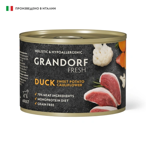 Влажный корм консервы Grandorf Fresh для собак паштет из утки с бататом и цветной капустой 200 г фото 1