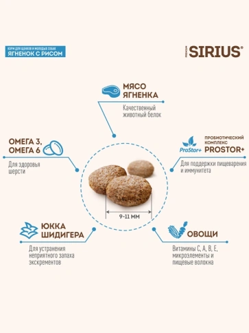 Сухой корм Sirius для щенков и молодых собак, с ягненком и рисом, 20 кг фото 2