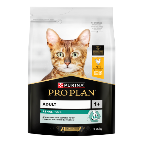 Сухой корм Purina Pro Plan Cat Adult Renal Plus для взрослых кошек, с курицей, 3 кг фото 1