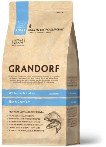 Сухой корм Grandorf Holistic Skin & Coat Care белая рыба с индейкой для взрослых кошек, 2 кг фото 1