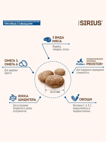 Сухой корм Sirius для активных собак, 3 мяса с овощами, 20 кг фото 2