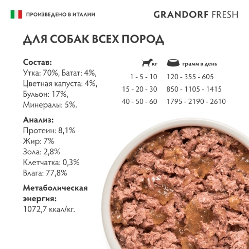 Влажный корм консервы Grandorf Fresh для собак паштет из утки с бататом и цветной капустой 200 г фото 6