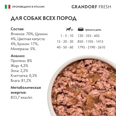 Влажный корм консервы Grandorf Fresh для собак паштет из ягненка с цуккини и цветной капустой 200 г фото 6