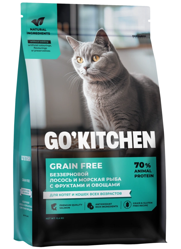 Сухой корм Go'Kitchen для котят и кошек всех возрастов, с лососем, морской рыбой, фруктами и овощами, 400 г фото 1