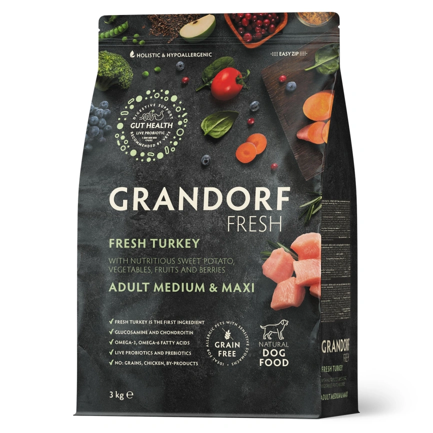 Сухой корм Grandorf Fresh Dog для взрослых собак средних и крупных пород диетическая формула для особо аллергичных собак индейка с бататом 3 кг фото 1