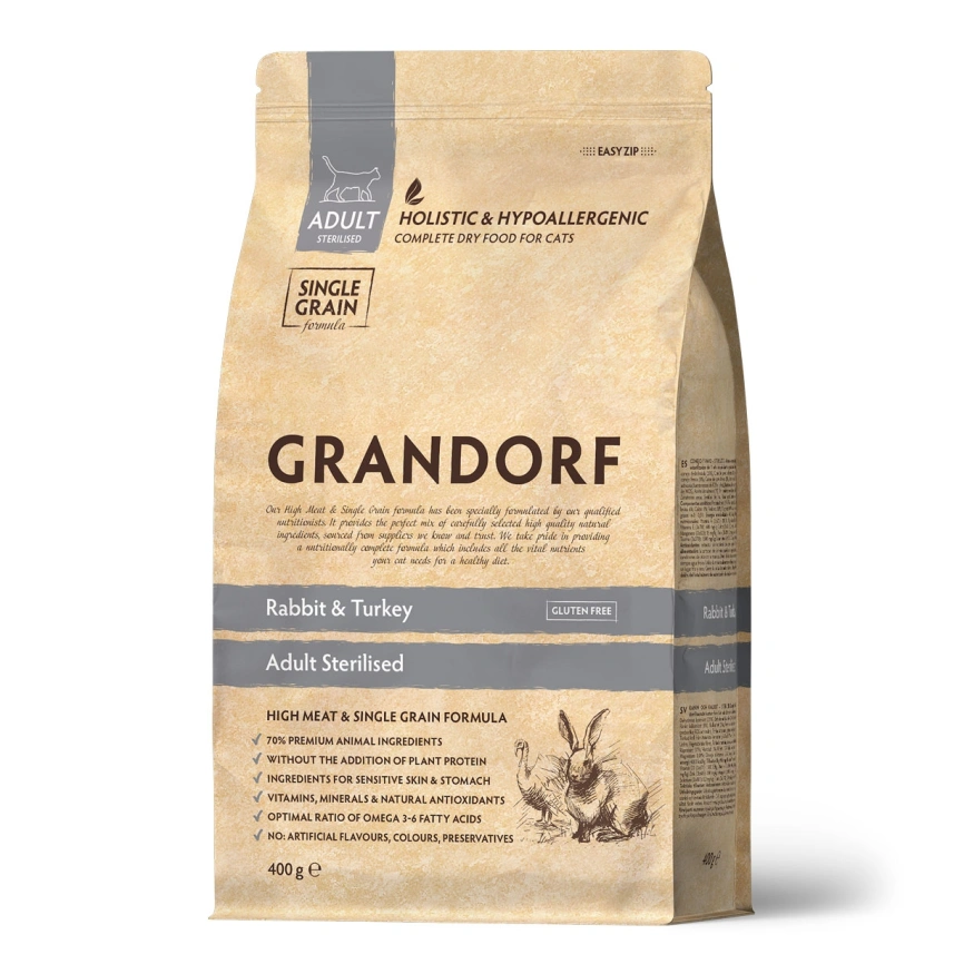 Сухой корм Grandorf Rabbit & Turkey Sterilised для стерилизованных кошек, 400 г фото 1