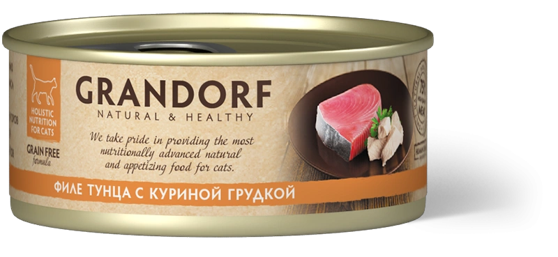 Влажный корм консервы Grandorf Tuna with chicken in broth Филе тунца с куриной грудкой в бульоне, 70 г фото 1