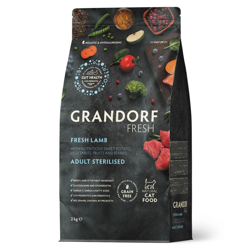 Сухой корм Grandorf Fresh Cat для стерилизованных кошек чувствительное пищеварение или склонность к аллергии ягненок с бататом 2 кг фото 1