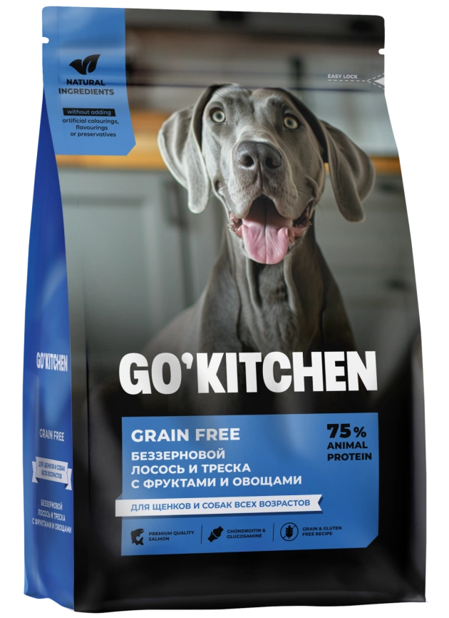 Сухой корм GO'KITCHEN Для щенков и собак всех возрастов с лососем, треской, фруктами и овощами, 5.44 кг фото 1