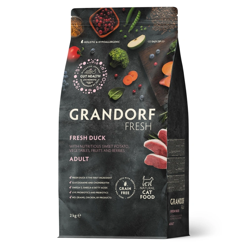 Сухой корм Grandorf Fresh Cat для взрослых кошек диетическая формула для особо аллергичных кошек утка с бататом 2 кг фото 1
