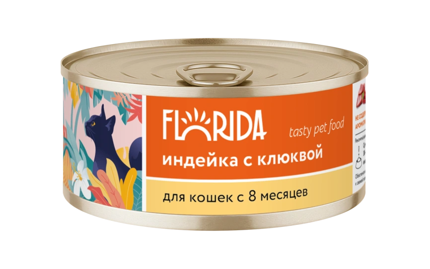 Влажный корм FLORIDA для взрослых кошек из индейки с клюквой, 100 г фото 1