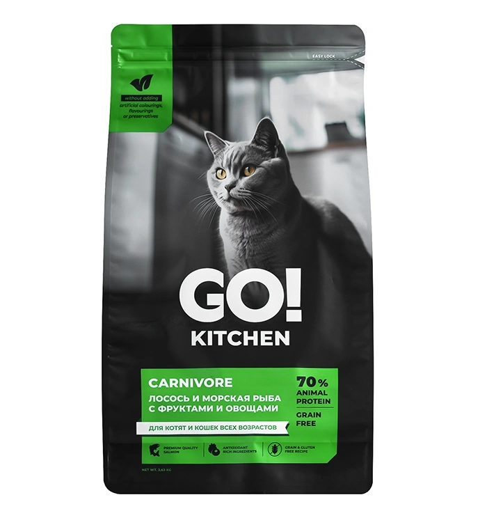 Сухой корм GO'KITCHEN для котят и кошек всех возрастов с лососем и морской рыбой, 3.63 кг фото 1