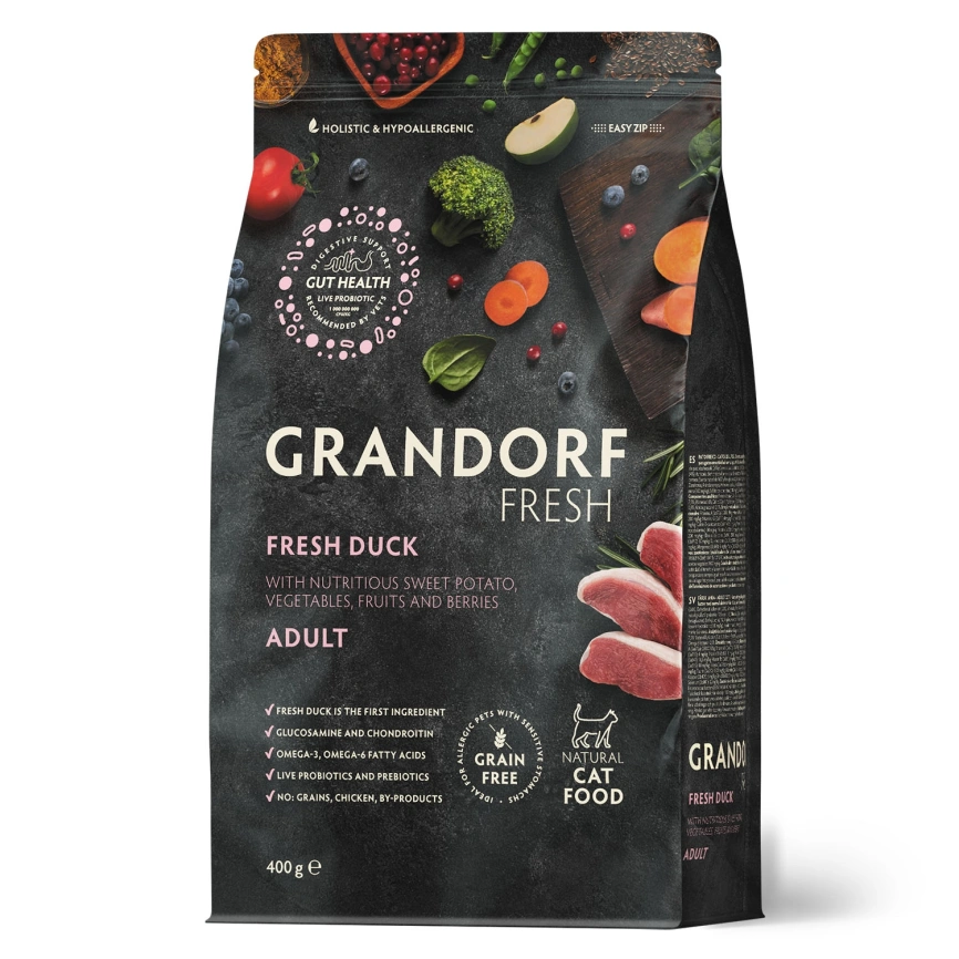 Сухой корм Grandorf Fresh Cat для взрослых кошек диетическая формула для особо аллергичных кошек утка с бататом 400 г фото 1