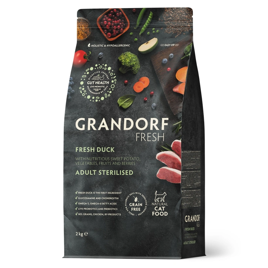 Сухой корм Grandorf Fresh Cat для стерилизованных кошек диетическая формула для особо аллергичных кошек утка с бататом 400 г фото 1