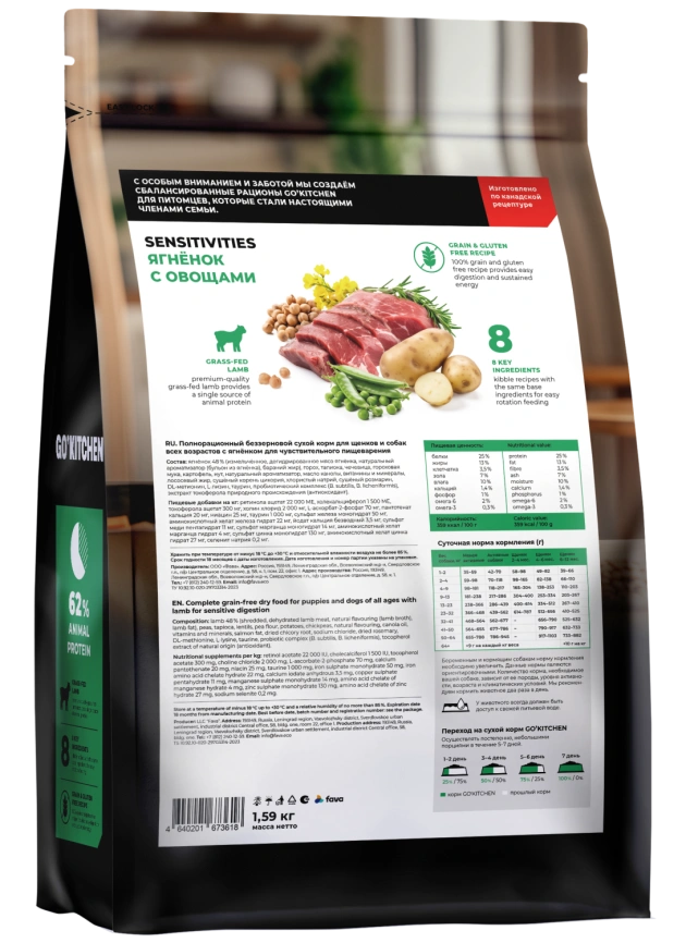 Сухой корм GO'KITCHEN для щенков и собак всех возрастов для чувствительного пищеварения с ягнёнком, 1.59 кг фото 1