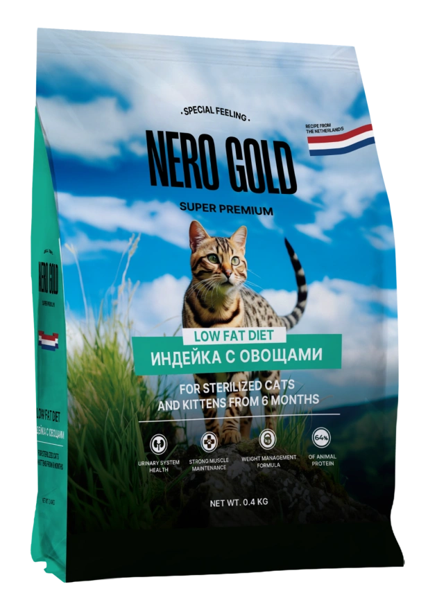 Сухой корм NERO GOLD Sterilised для стерилизованных кошек и котят с мясом индейки и овощами, 400 г фото 1