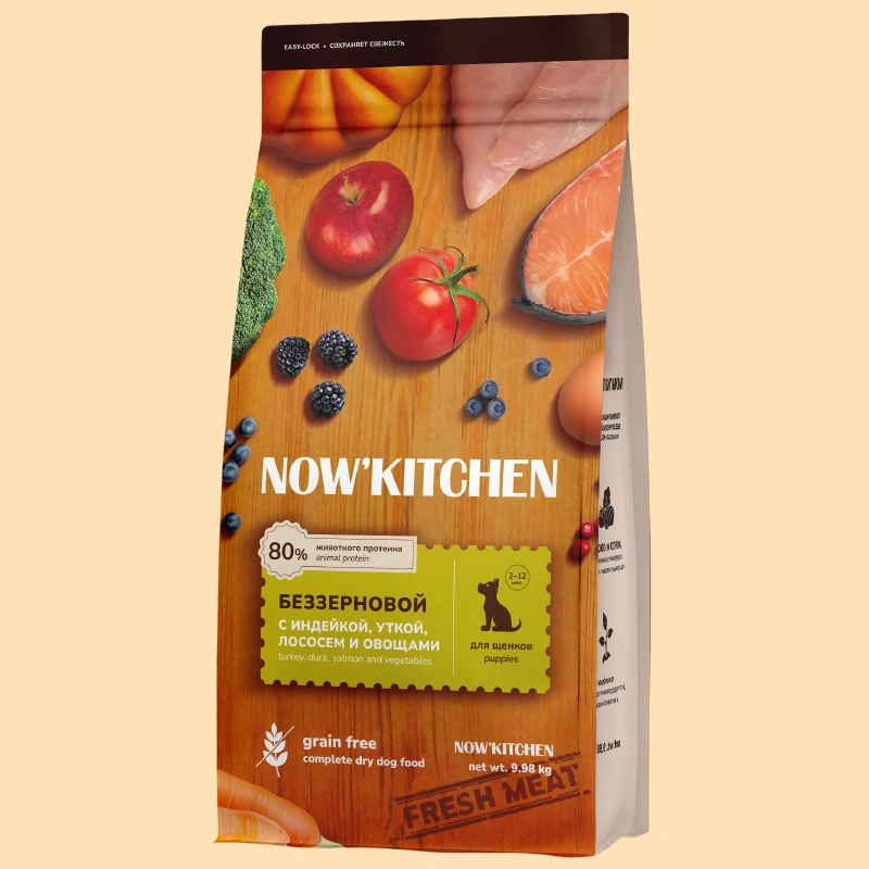 Сухой корм NOW'KITCHEN Fresh Puppy для щенков со свежей индейкой, уткой, лососем, 9.98 кг фото 1
