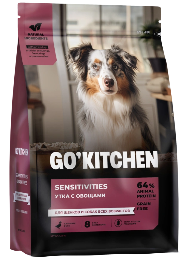 Сухой корм GO'KITCHEN для щенков и собак всех возрастов для чувствительного пищеварения с уткой, 1.59 кг фото 2