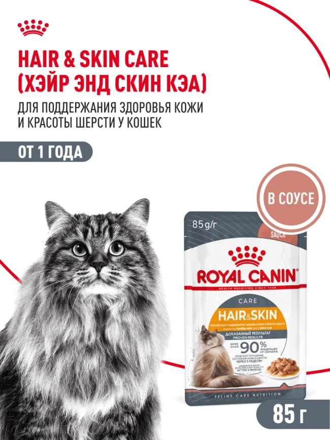 Влажный корм Royal Canin Hair & Skin Care в соусе для взрослых кошек старше 1 года, пауч, 85 г фото 17