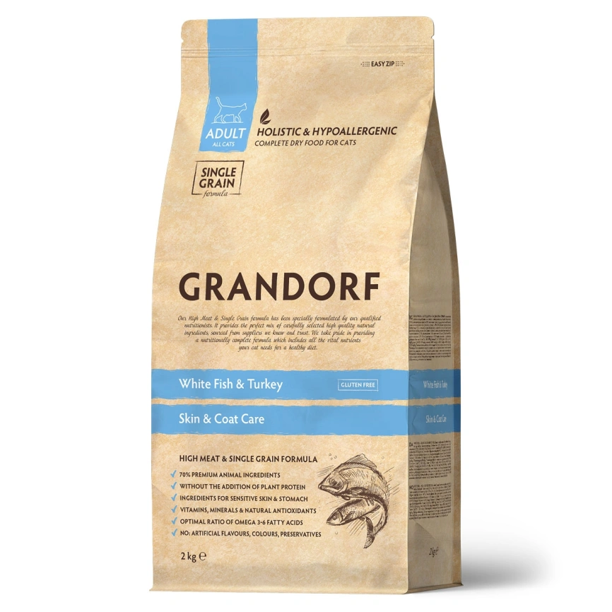 Сухой корм Grandorf White Fish & Turkey Skin & Care для кошек для заботы о коже и шерсти, 2 кг фото 1