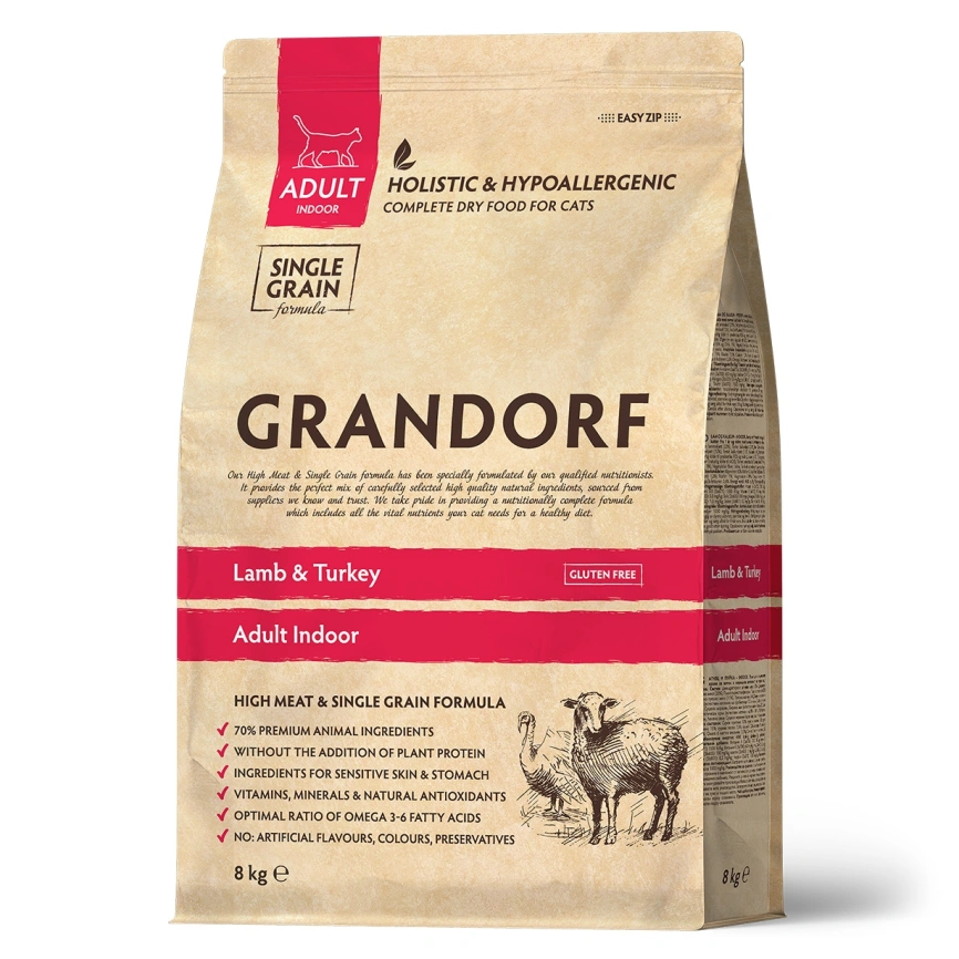 Сухой корм Grandorf Lamb & Turkey Indoor Ягненок с индейкой для домашних кошек, 8 кг фото 1