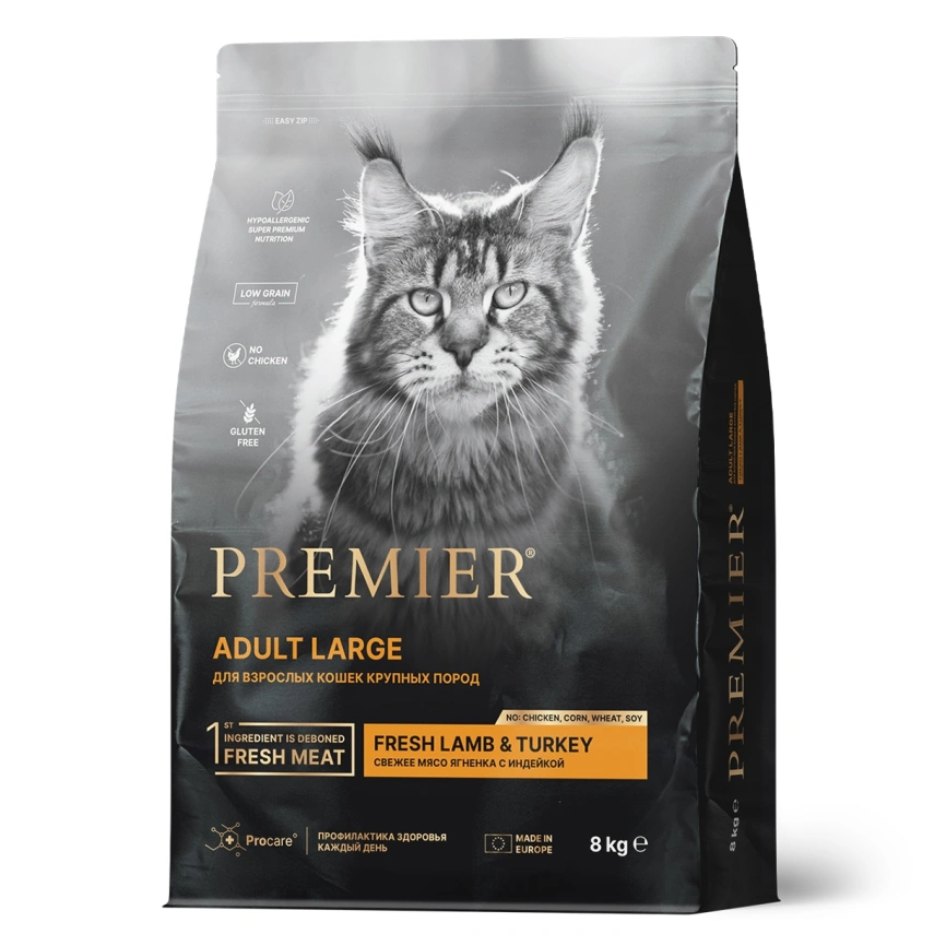 Сухой корм Premier Cat Lamb & Turkey Adult Large для взрослых кошек крупных пород, 8 кг фото 1