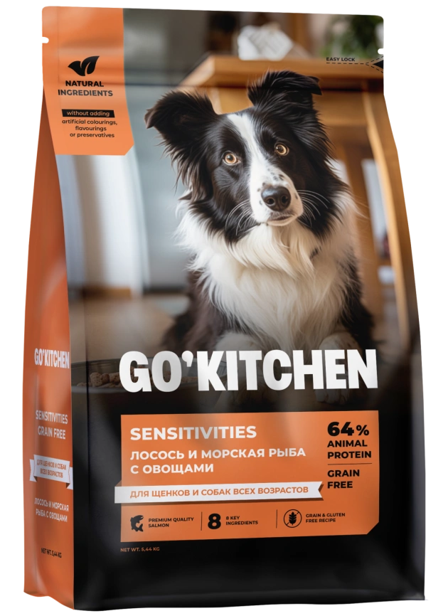 Сухой корм GO'KITCHEN для щенков и собак всех возрастов для чувствительного пищеварения с лососем и морской рыбой, 5.44 кг фото 2