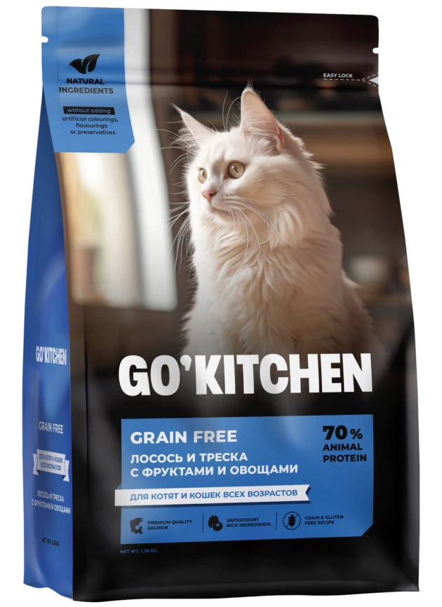 Сухой корм GO'KITCHEN для котят и кошек всех возрастов с лососем и треской, 1.36 кг фото 1