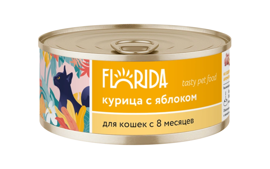 Влажный корм FLORIDA для взрослых кошек из курицы с яблоком, 100 г фото 1