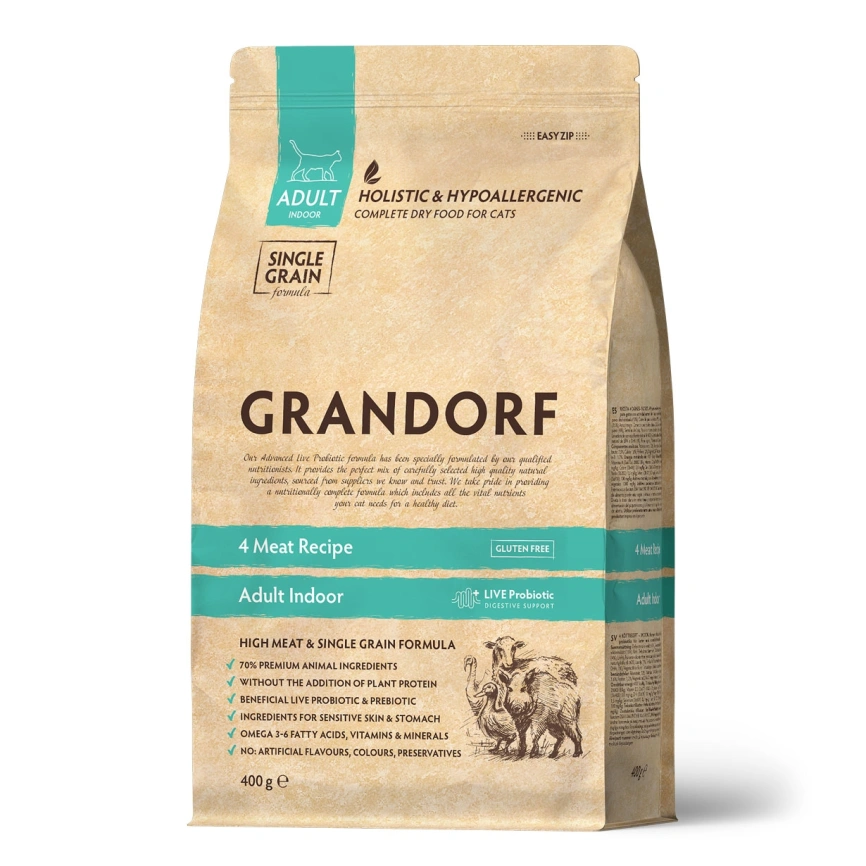 Сухой корм Grandorf 4 Meat Probiotic Indoor Четыре вида мяса для домашних кошек, 400 г фото 1