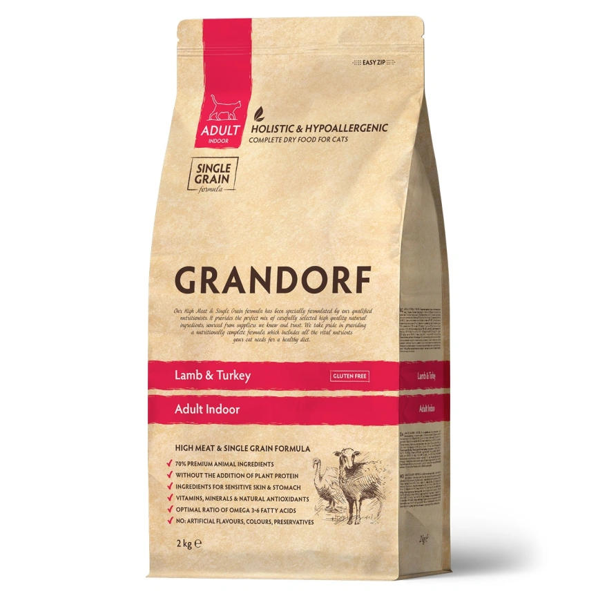 Сухой корм Grandorf Lamb & Turkey Indoor Ягненок с индейкой для домашних кошек, 2 кг фото 1