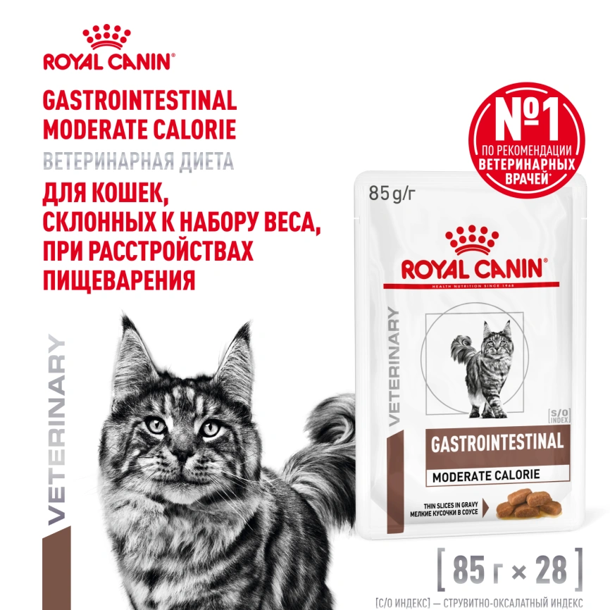 Влажный диетический корм Royal Canin Gastrointestinal Moderate Calorie для кошек при расстройствах пищеварения, склонных к набору веса, пауч, 85 г фото 13