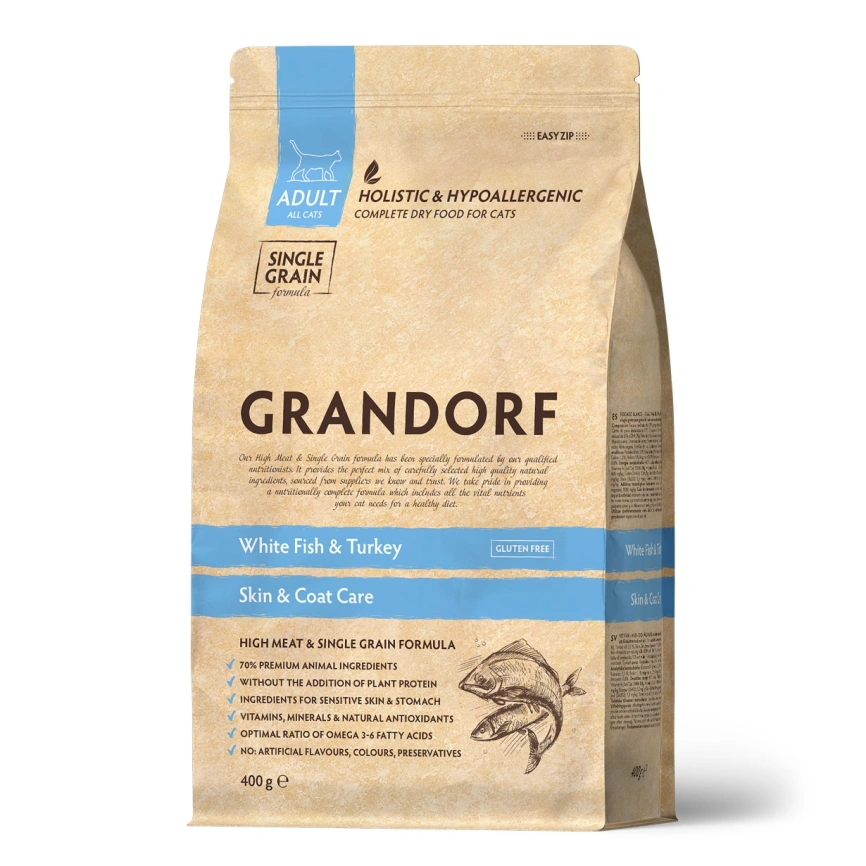 Сухой корм Grandorf White Fish & Turkey Skin & Care для кошек для заботы о коже и шерсти, 400 г фото 1