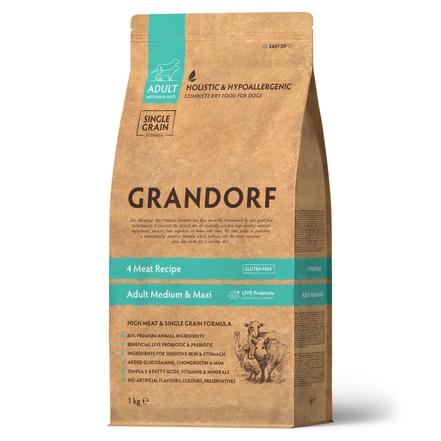 Сухой корм Grandorf 4 Meat Probiotic Med & Maxi Четыре вида мяса для взрослых собак средних и крупных пород, 1 кг фото 1