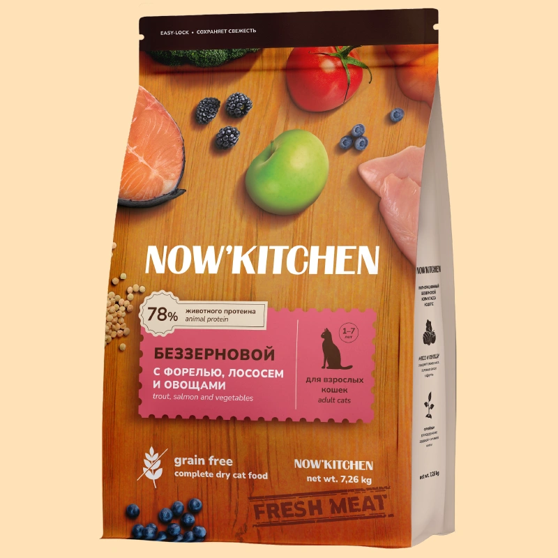 Сухой корм NOW'KITCHEN Fresh Adult для взрослых кошек со свежей форелью, лососем и овощами, 7.26 кг фото 1