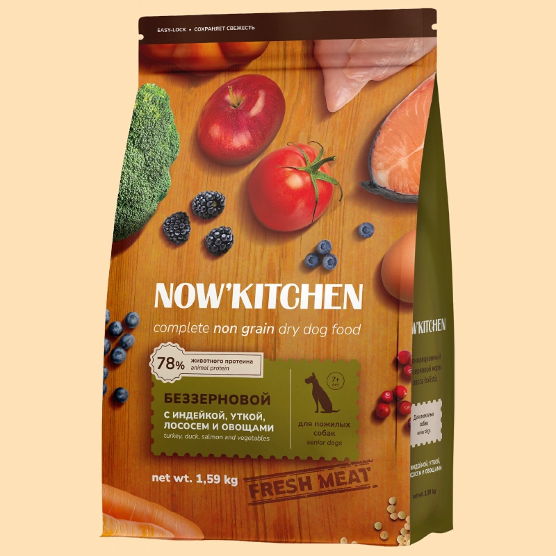Сухой корм NOW'KITCHEN Fresh Senior для собак старше 7 лет со свежей индейкой,уткой,лососем, 1.59 кг фото 1
