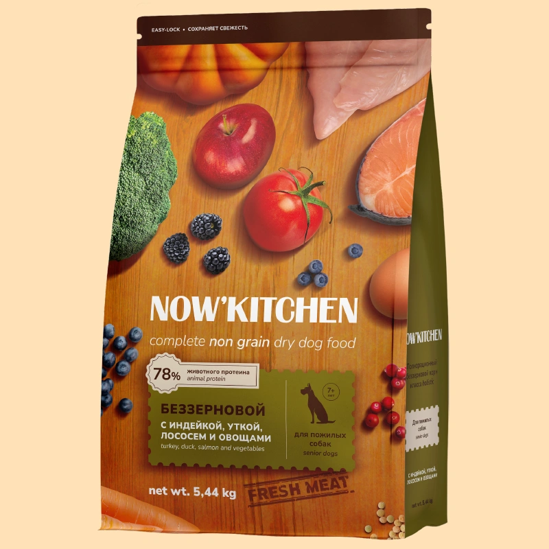 Сухой корм NOW'KITCHEN Fresh Senior для собак старше 7 лет со свежей индейкой,уткой,лососем, 5.44 кг фото 1