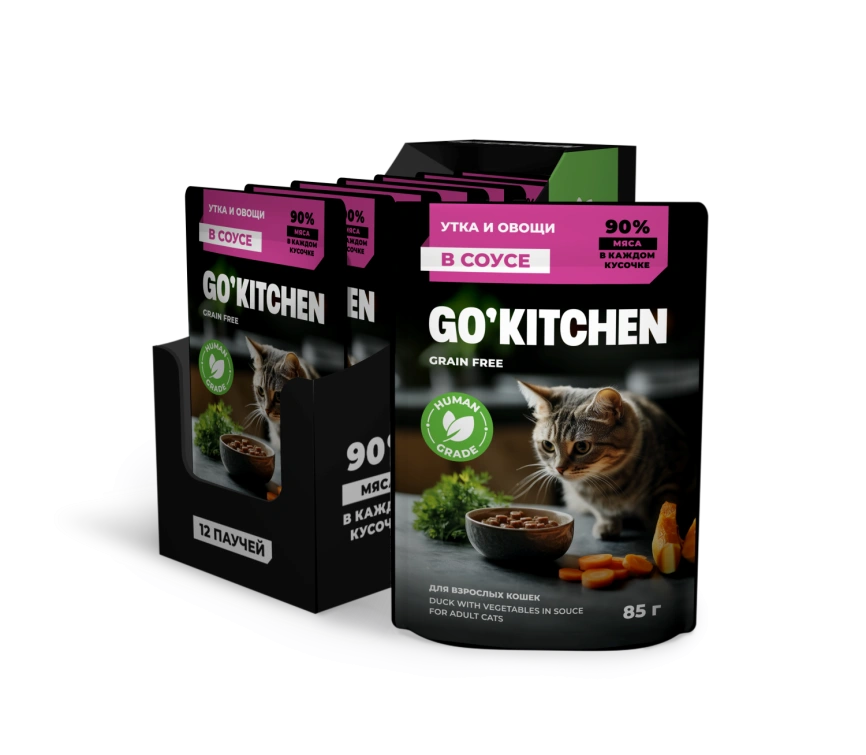 Влажный корм GO'KITCHEN для взрослых кошек с уткой и овощами в соусе, 85 г фото 3