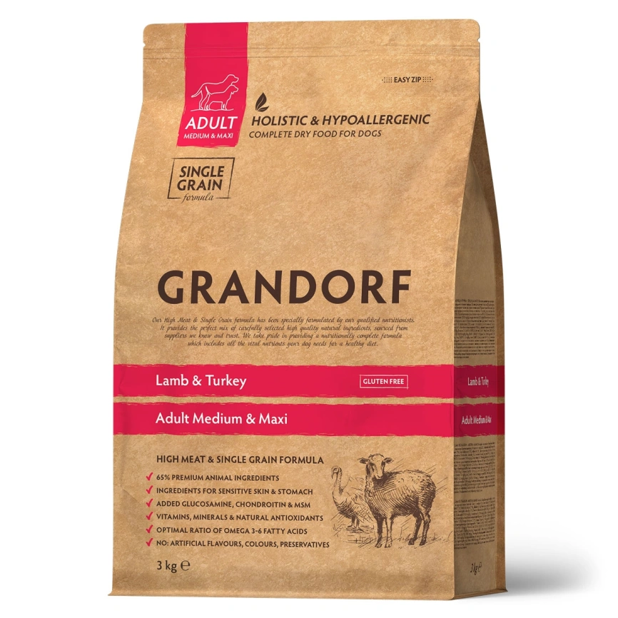 Сухой корм Grandorf Lamb & Turkey Med& Maxi для взрослых собак средних и крупных пород, 3 кг фото 1